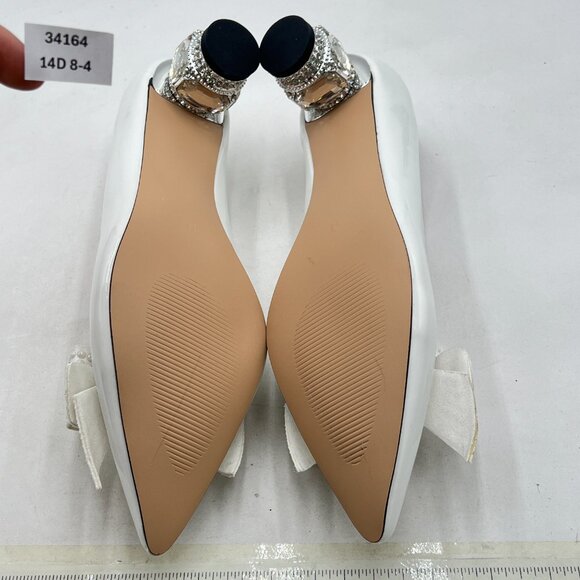 FSJ White Pointed Toe Crystal Pump Rhinestone Bow Block Low Heel Slip On Shoes - Picture 7 of 8